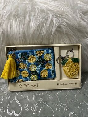 NWT Sol and Mer Handmade Blue & Yellow Beaded Wallet and Lemon Keychain Set